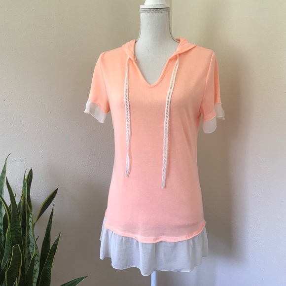 easel Tops - Easel Ruffle Hem Hooded Orange Tunic Top